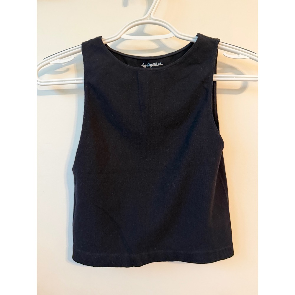 By Together Black Seamless High Neck Cropped Tank Top M/L Athleisure Ribbed Hem